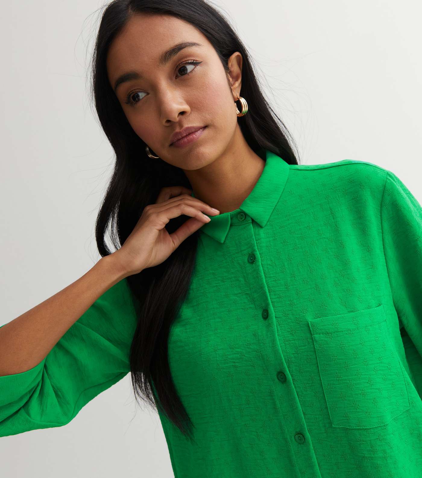Green Embroidered 3/4 Sleeve Oversized Shirt Image 3