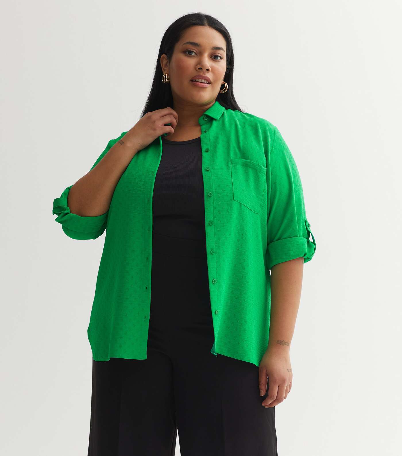 Green Embroidered 3/4 Sleeve Oversized Shirt Image 5