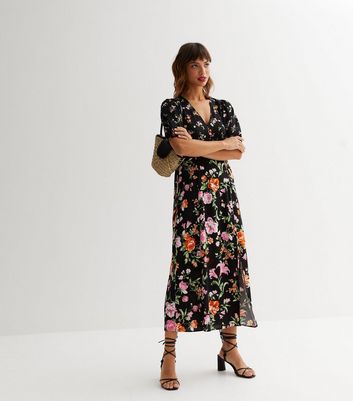 Black Mixed Floral Puff Sleeve Split Midi Dress New Look