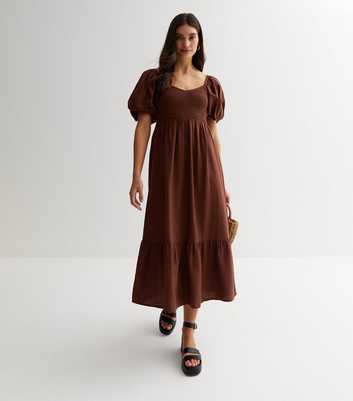 Dark Brown Shirred Sweetheart Puff Sleeve Midi Dress