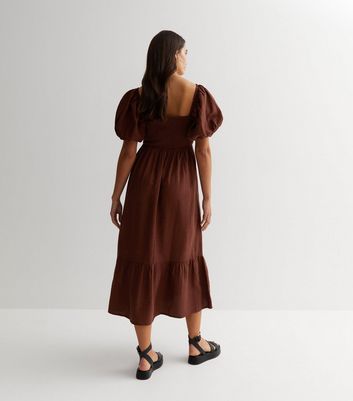 Dark Brown Shirred Sweetheart Puff Sleeve Midaxi Dress | New Look