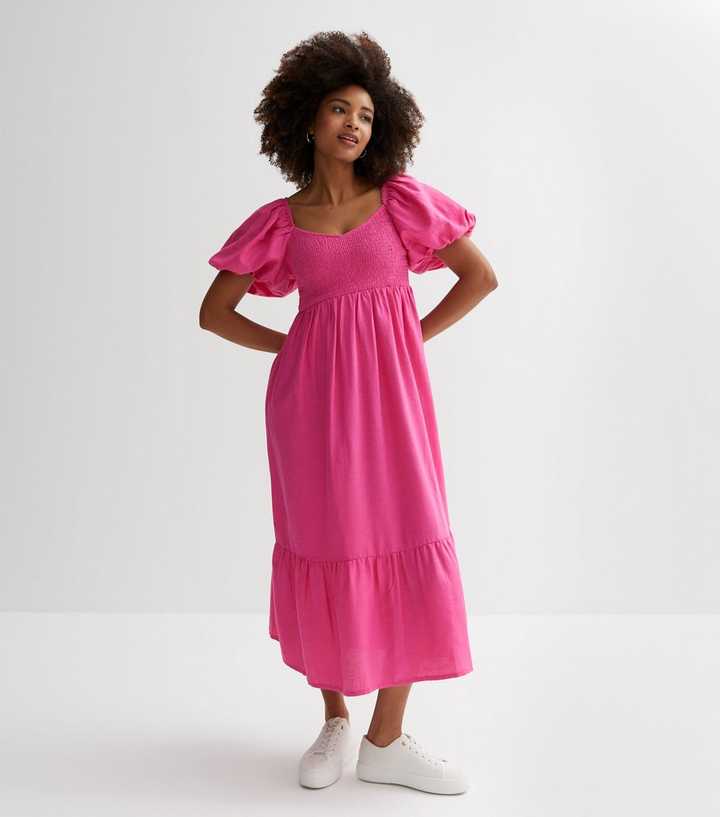 Bright Pink Shirred Sweetheart Puff Sleeve Midi Dress