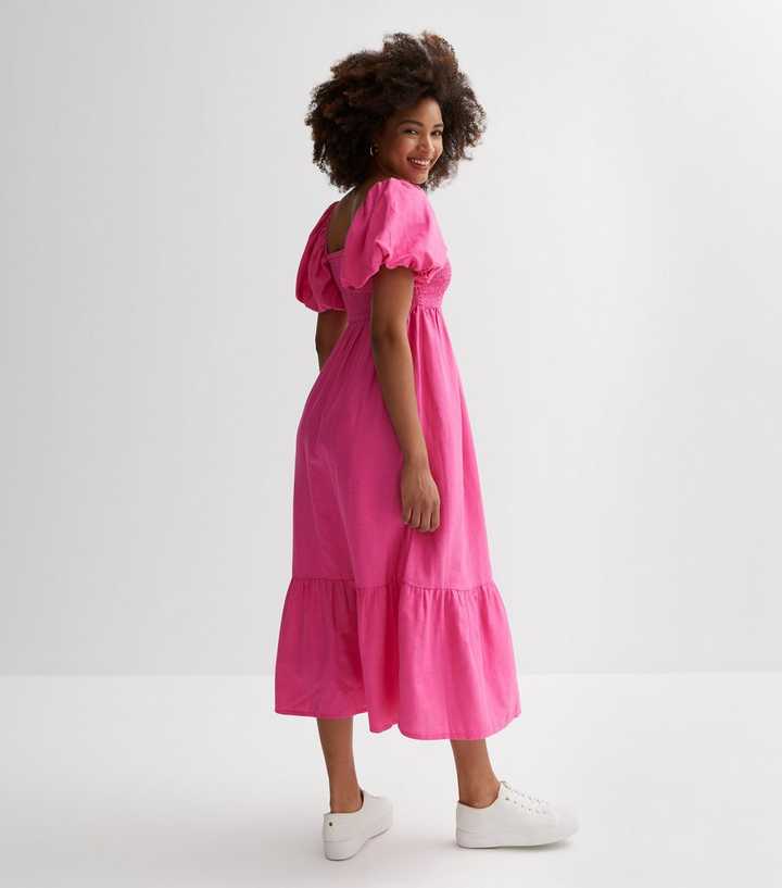 Juliet | Pink Puff Sleeve Midi Dress