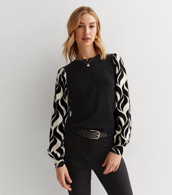 Black Doodle Print 2-in-1 Long Puff Sleeve Top