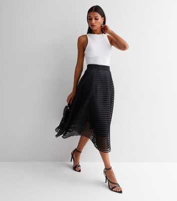 Black Stripe Lace High Waist Midi Skirt