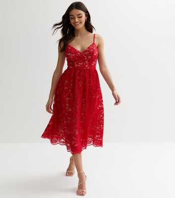 Red Lace Bustier Midi Dress