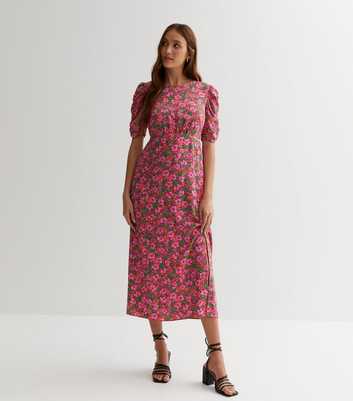 Pink Floral Ruched Puff Sleeve Midi Dress