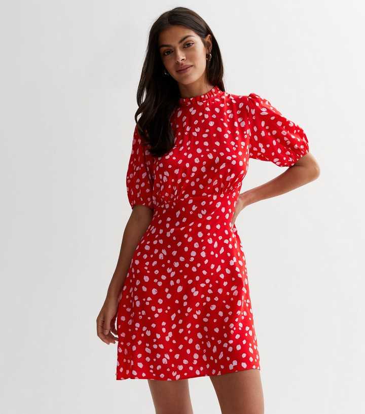 Red Abstract Print High Neck Puff Sleeve Mini Dress