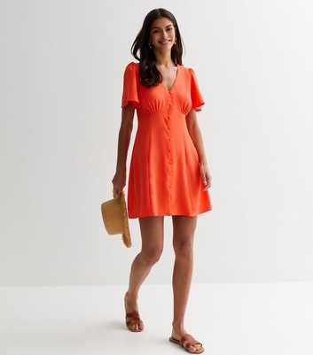 Bright Orange Button Front Mini Tea Dress