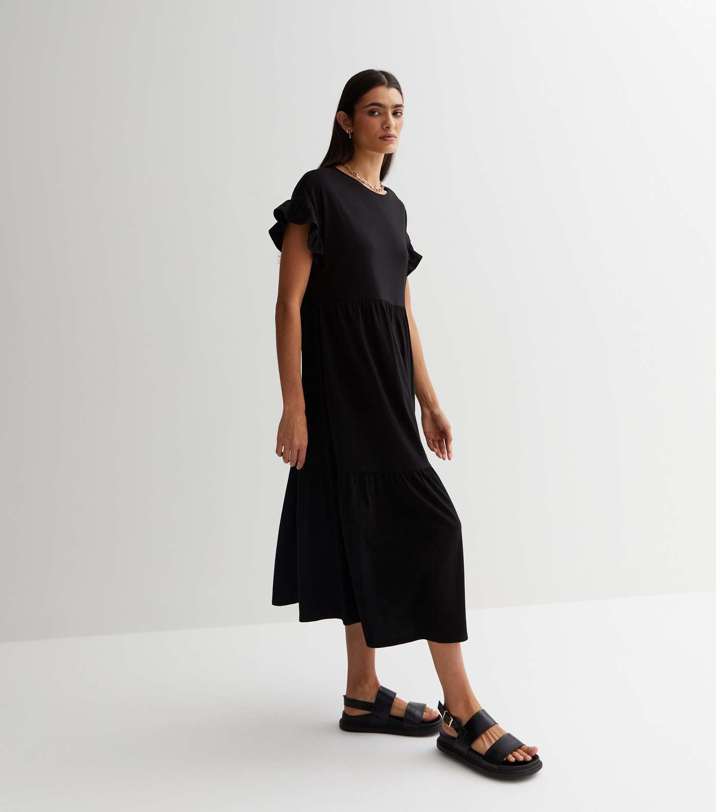 Black Jersey Frill Sleeve Midi Smock Dress