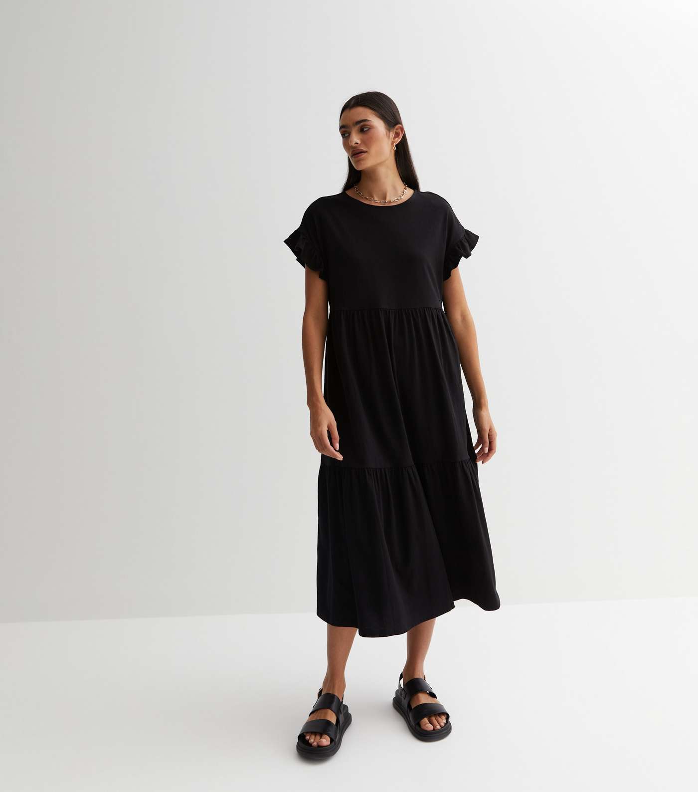 Black Jersey Frill Sleeve Midi Smock Dress Image 3