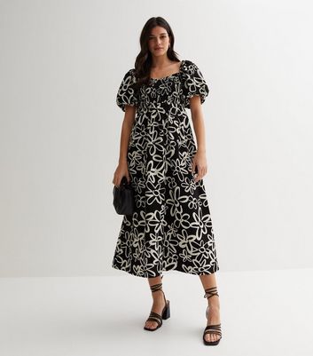 Black Floral Linen-Look Shirred Puff Sleeve Midi Dress | New Look