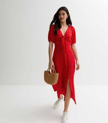 Red Spot Tie Front Split Midi Dress