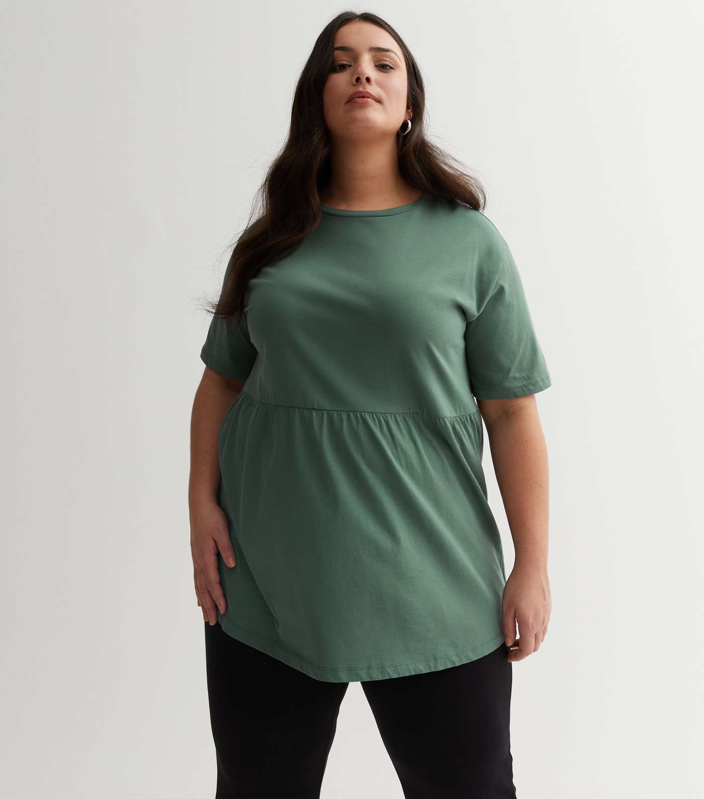 Curves Dark Green Jersey Short Sleeve Peplum T-Shirt Image 3