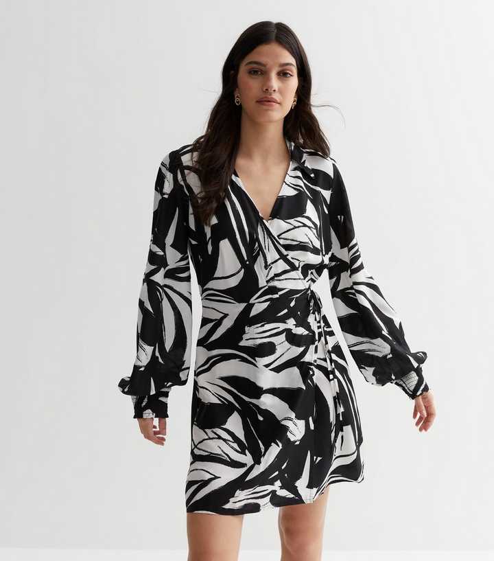 Black Abstract Long Puff Sleeve Mini Wrap Dress