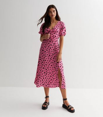 Pink Animal Print Tie Front Split Midi Dress New Look