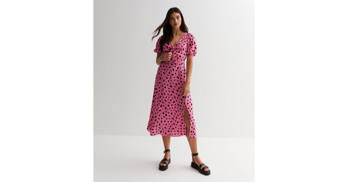 Pink Animal Print Tie Front Split Midi Dress | New Look