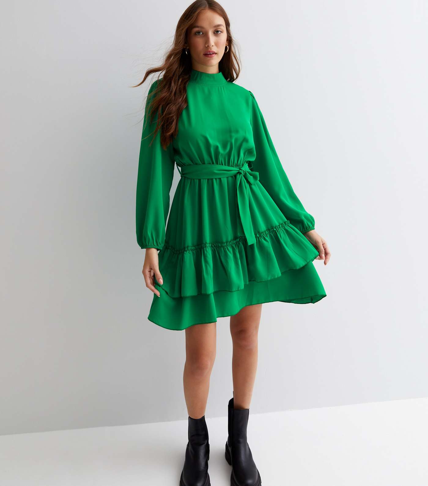 Cameo Rose Green High Neck Long Puff Sleeve Tiered Hem Mini Dress Image 3
