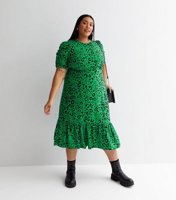 Curves Green Leopard Print Tie Back Tiered Midi Dress
