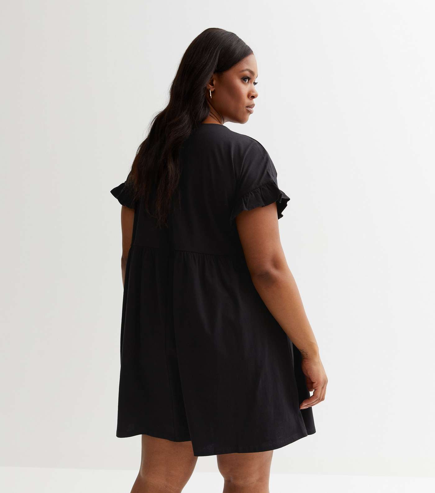 Curves Black Jersey Frill Sleeve Mini Smock Dress Image 4