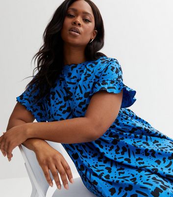 Curves Blue Animal Print Frill Sleeve Mini Smock Dress