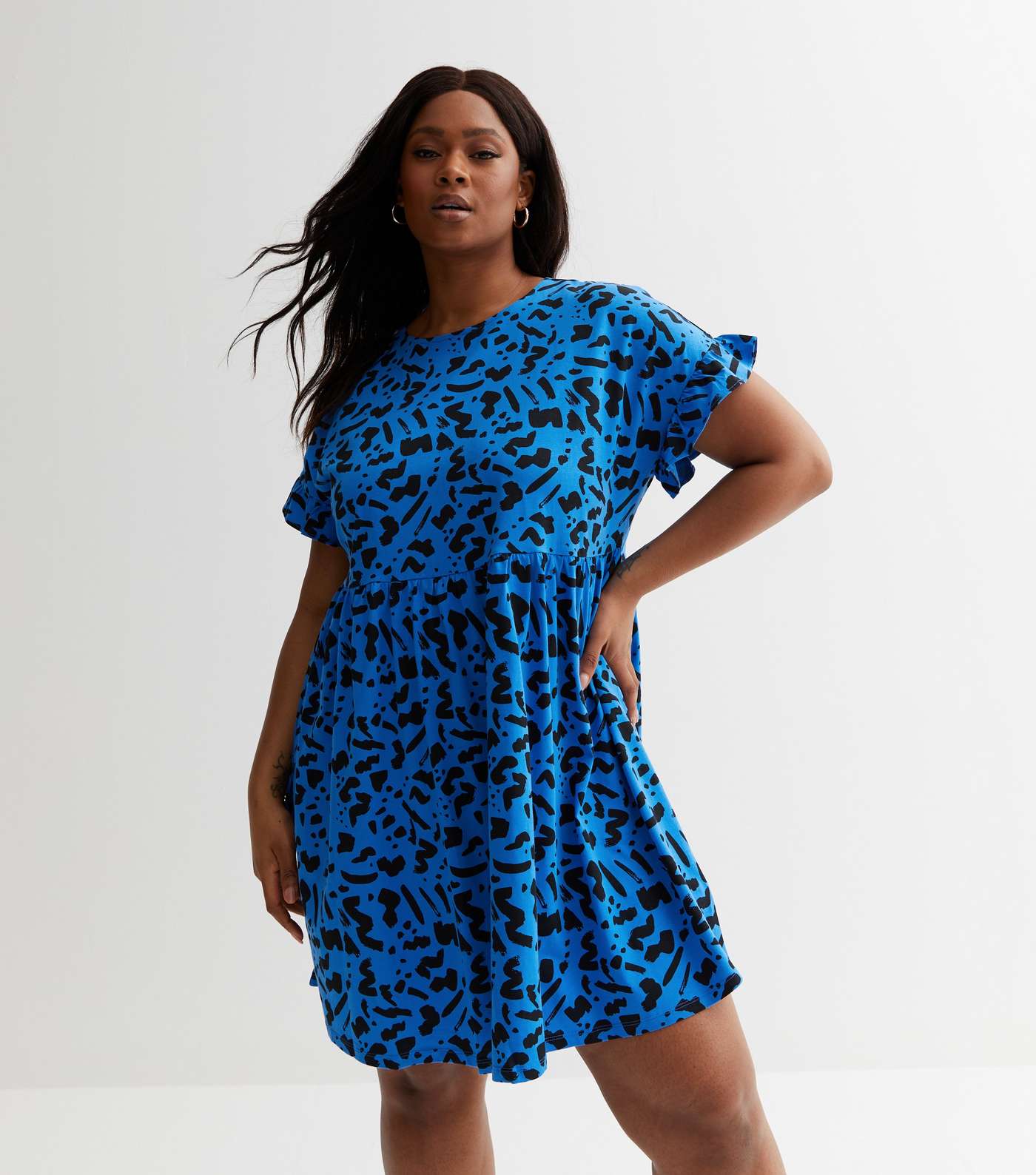 Curves Blue Animal Print Frill Sleeve Mini Smock Dress Image 3
