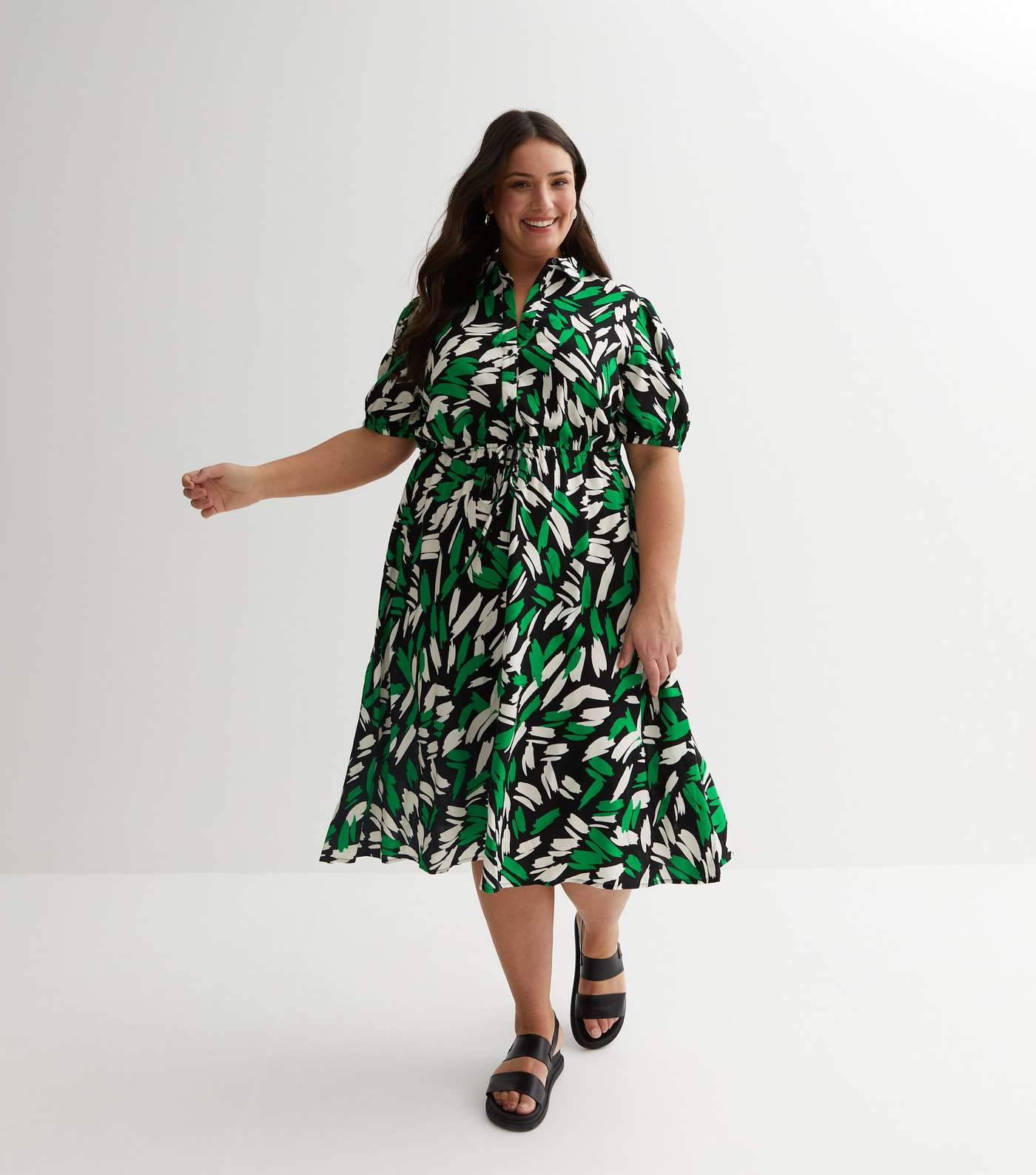 Curves Green Abstract Print Midi Shirt Dress Image 3