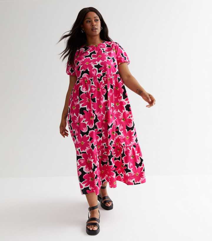 Curves Pink Floral Oversized Midi Smock Dress | New Look