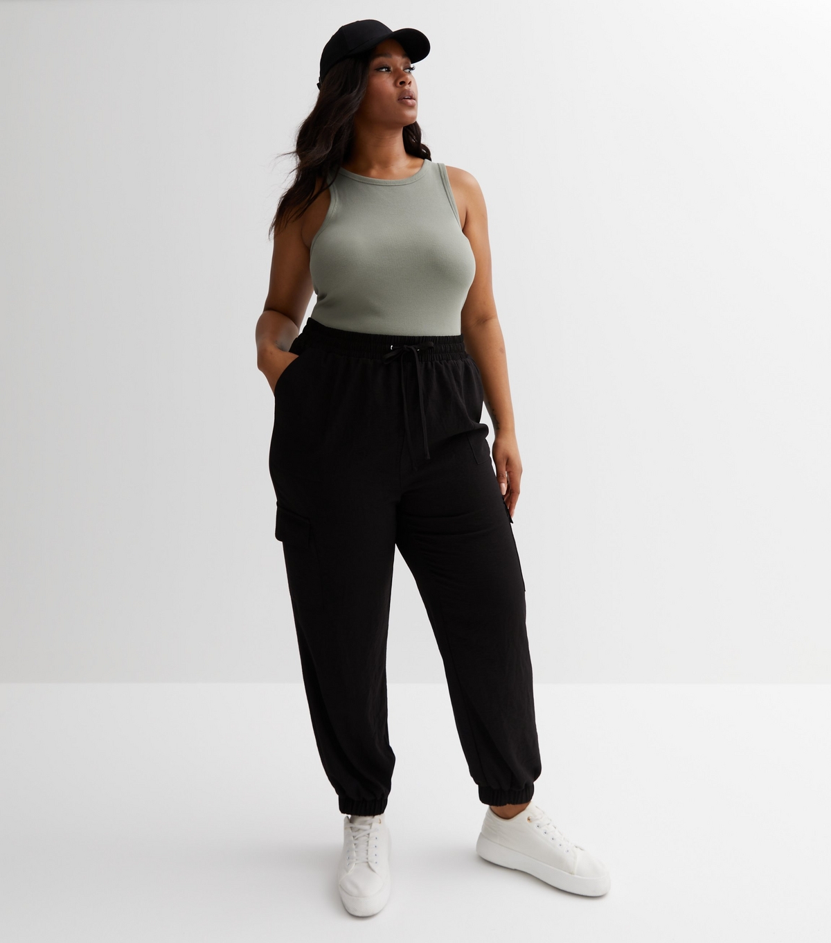 Women's Plus Size Black Drawstring Cuffed Cargo Trousers Curves New Look