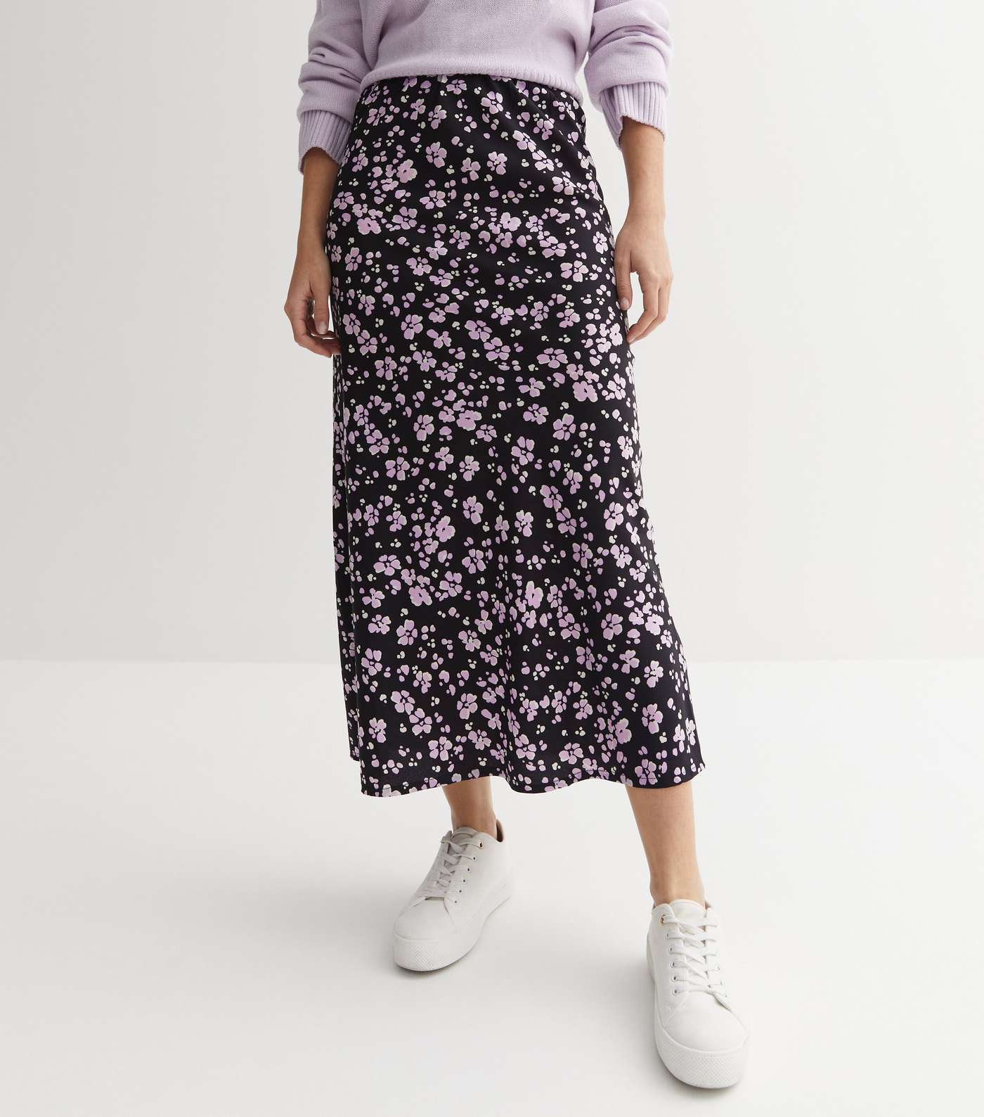 Black Floral Crepe Bias Cut Midi Skirt Image 2