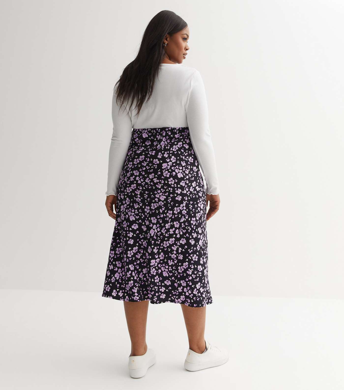 Black Floral Crepe Bias Cut Midi Skirt Image 6