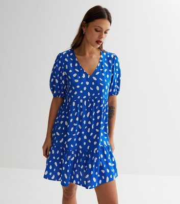 Blue Abstract Short Sleeve Mini Smock Dress