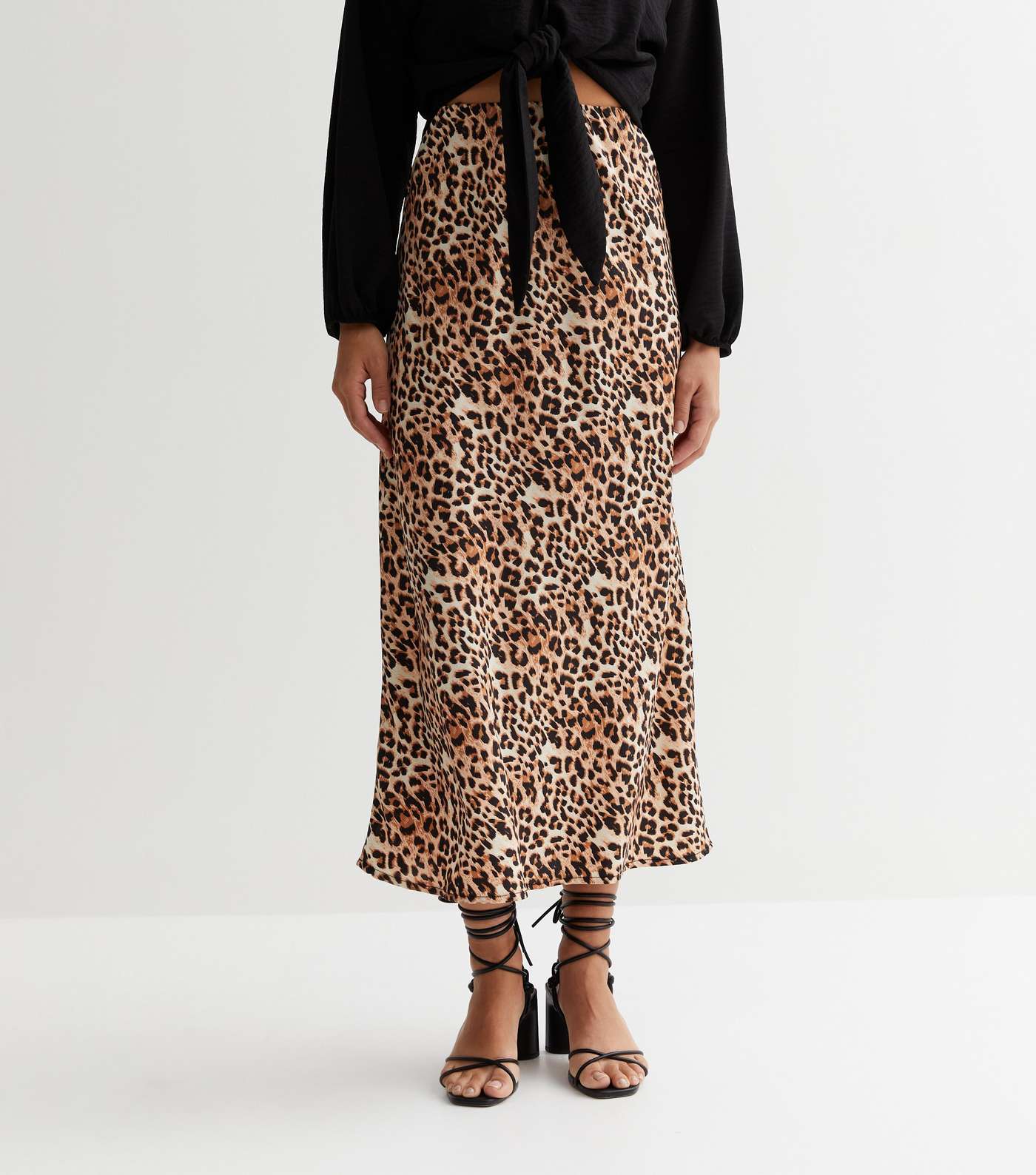 Brown Leopard Print Crepe Midi Skirt Image 2