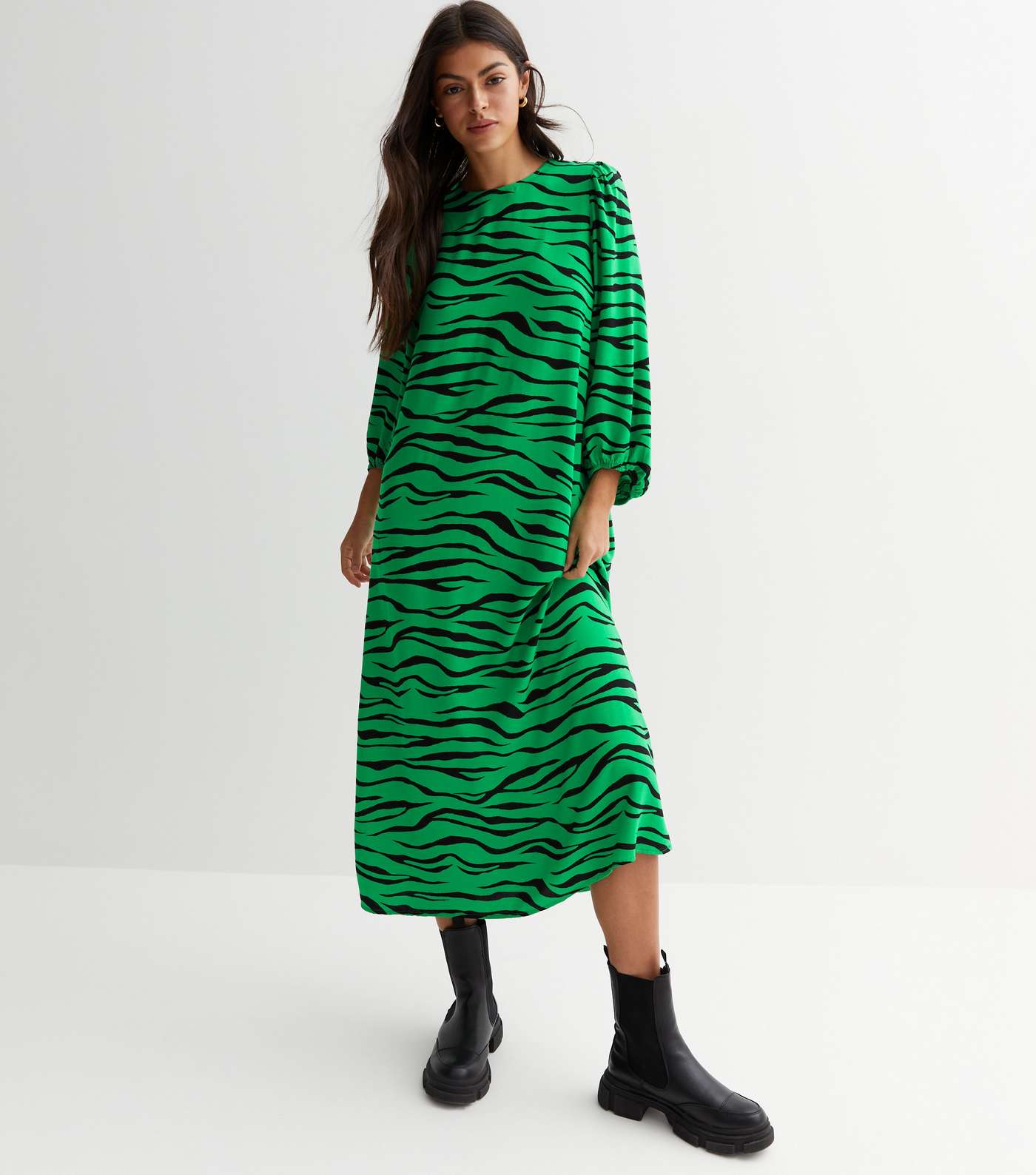 Green Zebra Print Puff Sleeve Midi Dress