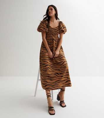 Brown Zebra Print Shirred Puff Sleeve Midi Dress