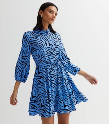 Blue Zebra Print Belted Mini Shirt Dress