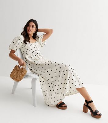 Off White Spot Shirred Puff Sleeve Midi Dress