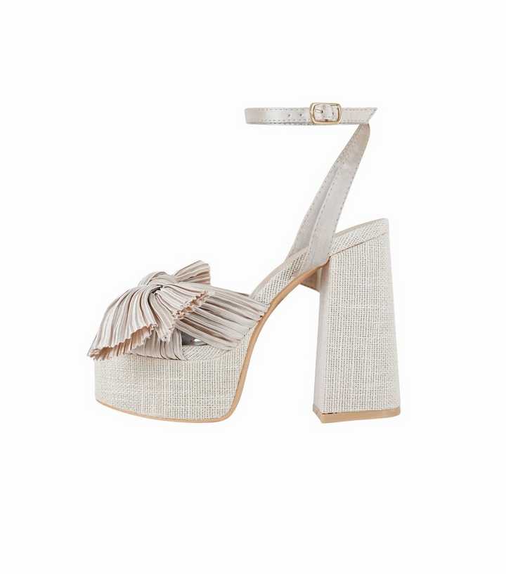 South Beach linen platform sandals with plisse bow in cream  South beach cream linen platform sandals main image 1