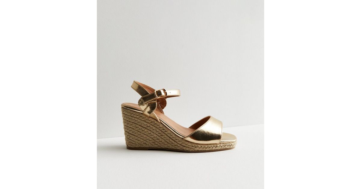 Extra Wide Fit Gold Metallic 2 Part Espadrille Wedge Sandals | New Look