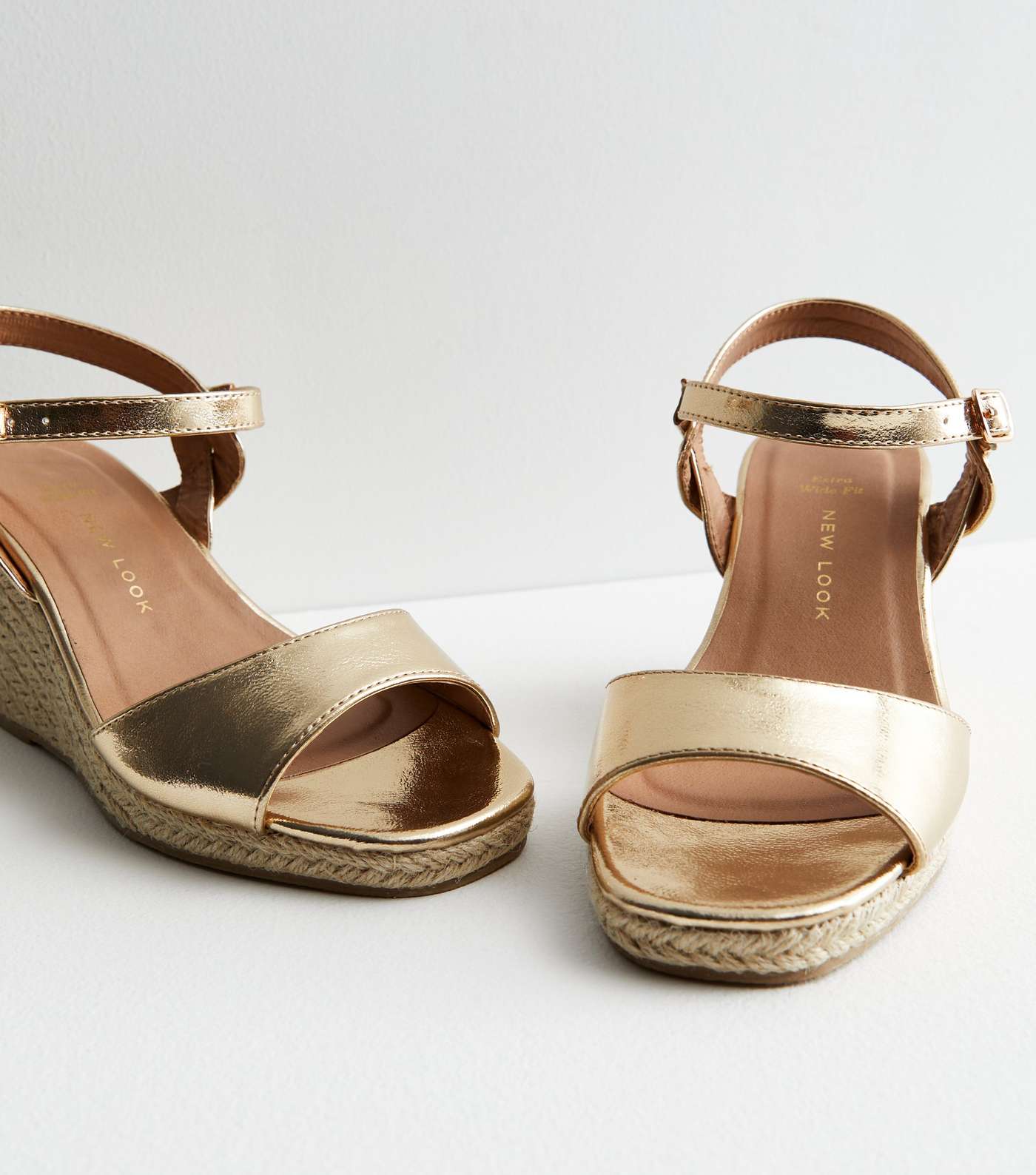 Extra Wide Fit Gold Metallic 2 Part Espadrille Wedge Sandals Image 3