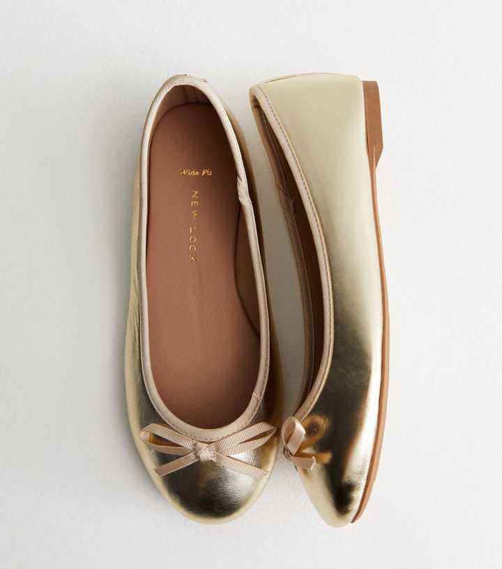 Wide Fit Gold Bow Ballet Pumps | New Look