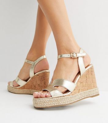 Gold Metallic Espadrille Trim Wedge Heel Sandals New Look