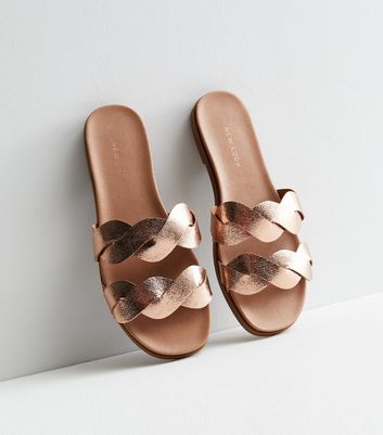 Rose Gold Leather-Look Plaited Strap Footbed Sandals New Look