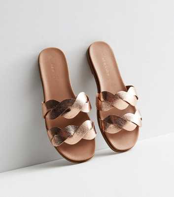 Rose Gold Leather-Look Plaited Strap Footbed Sandals