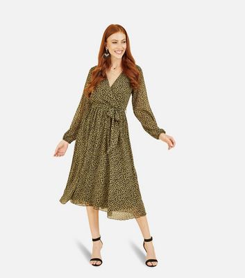 Mela Khaki Animal Print Long Sleeve Midi Wrap Dress New Look