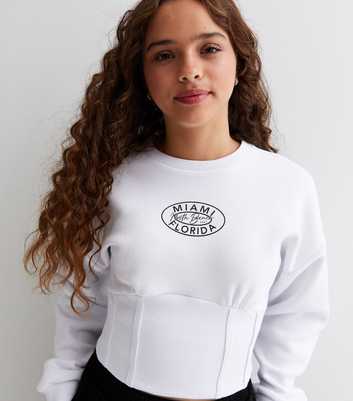 Girls White Crew Neck Miami Logo Corset Sweatshirt
