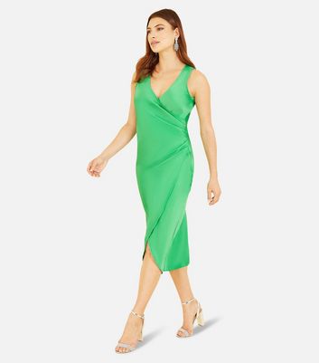 Mela Green Satin Sleeveless Ruched Midi Wrap Dress New Look