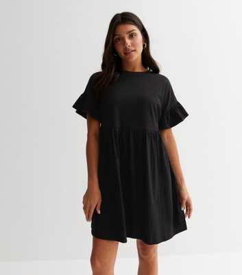 Black Jersey Frill Sleeve Mini Smock Dress