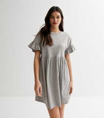 Grey Jersey Frill Sleeve Mini Smock Dress
