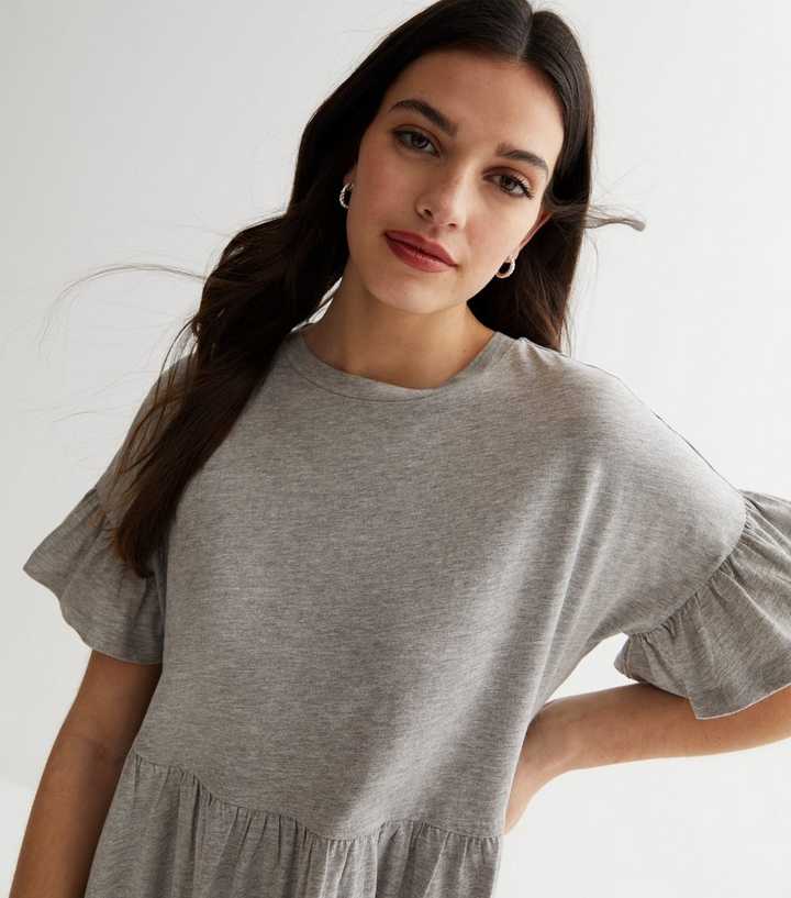 Grey Jersey Frill Sleeve Mini Smock Dress | New Look